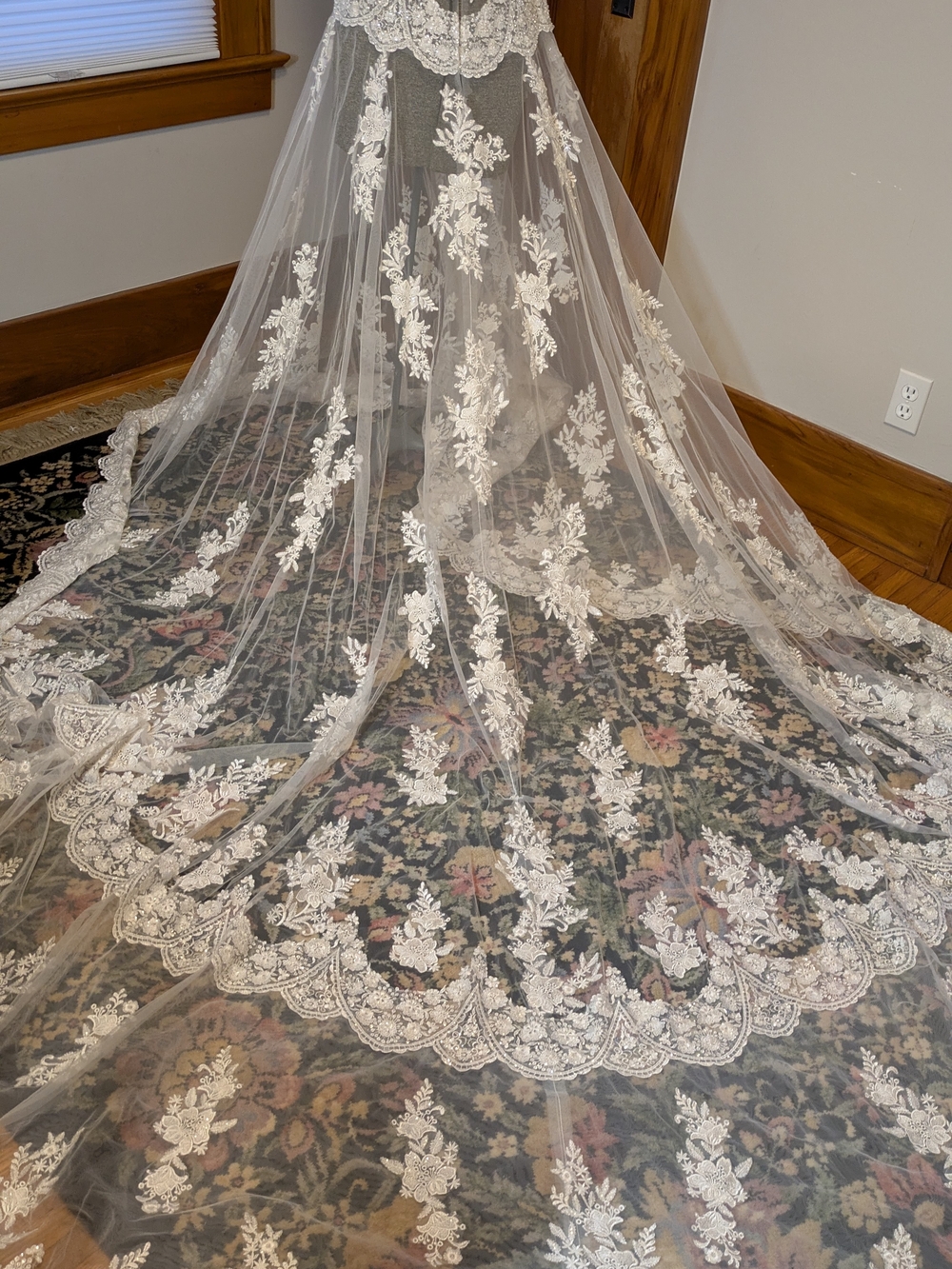 Ivory Beaded Bodice Bridal Overlay with Train and Floral Appliqué